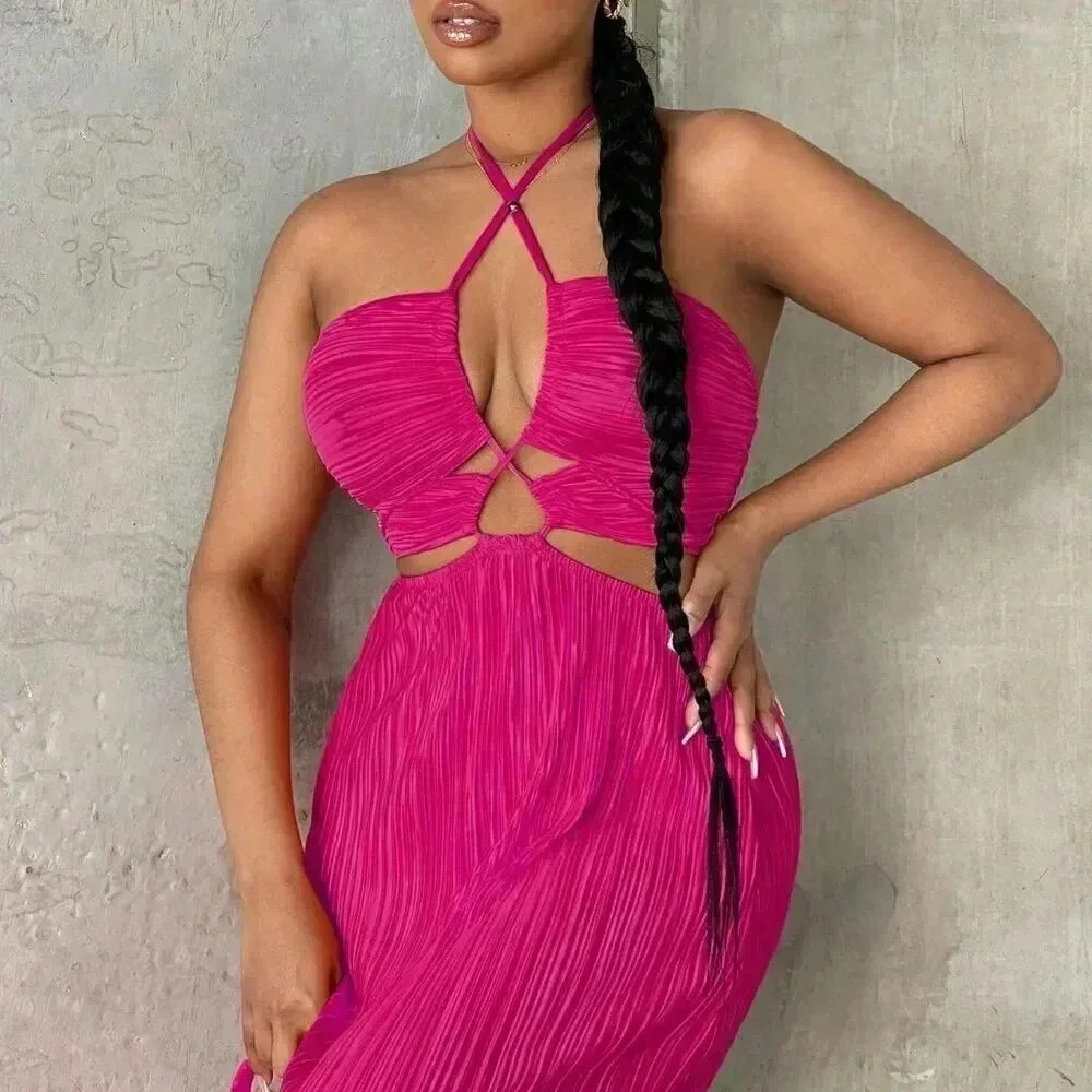 Hot Pink Sexy Women's Crisscross Tie Backless Halter Swing Dress - Picture 4 of 7